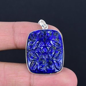 925 plata esterlina cuadrado flor tallada lapislázuli colgante bisel conjunto chapado en oro - Product Image 5