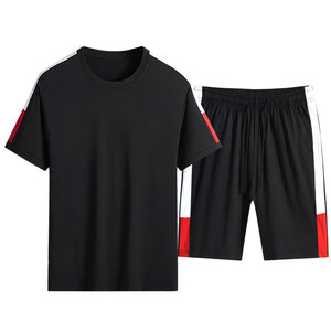 Casual Men's Two-Piece Summer Loungewear Contrast Color Solid Print Pattern <b>Knitted</b> Fabric Short Sleeve Shirt <b>Sets</b> - Product Image 2