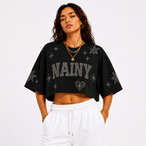 Loose Fit Oversized Crop <b>Top</b> Women <b>Rhinestone</b> Embroidery Cotton Cropped T Shirt Casual Streetwear Summer <b>Top</b> - Product Image 3