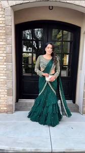 Nuevo Sari de Diseño en Color Rosa y Verde con Estilo de Volantes, Bordado de Georgette con Lentejuelas, Saris Indios para Bodas y Uso Diario - Product Image 2