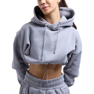 Custom Design Winter Knitted Women's Crop Top <b>Hoodies</b> Solid Color Front Logo Printed 100% Cotton Eco-Friendly <b>Lightweight</b> - Product Image 1