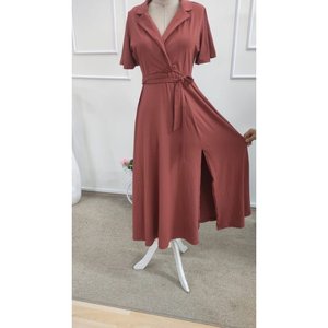 Vestido midi de viscosa con cuello cruzado, manga corta y abertura con cinturón para mujer, 34690 - Naranja - Product Image 6