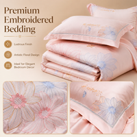 Ensemble de housse de couette brodée de fleurs roses de luxe, literie douce effet satin avec taies d'oreiller