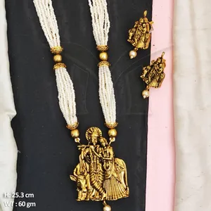 Radha Krishna Clustered Pearl Temple Design Temple Jewelry High Gold Polish Party Wear Fancy Style Temple Pendant Jewelry Sets