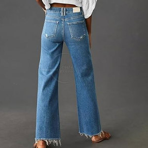Pantalon en jean large pour femmes de style nouveau sur mesure fabricant d'usine coupe skinny décontractée avec devant plat et techniques lavées - Product Image 3