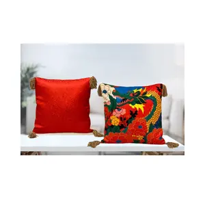 枕头靠垫彩色龙艺术乳胶刺绣手工卧室，带滚边和流苏越南制造商