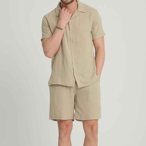 Conjunto de 2 Piezas de Ropa Urbana para Hombre, Camiseta Polo de Manga Corta, Camisa de Botones de Algodón con Tejido Waffle, Top Transpirable y Pantalones Cortos - Product Image 4