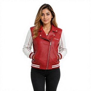 Veste universitaire en similicuir rouge pour femme Tiierwear, manches longues, fermeture éclair, design contrasté, vêtement d'automne - Product Image 1