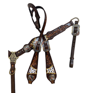 Bride de collier de poitrine en cuir perlé occidental sculpté à la main avec topaze pour l'équitation - Product Image 6