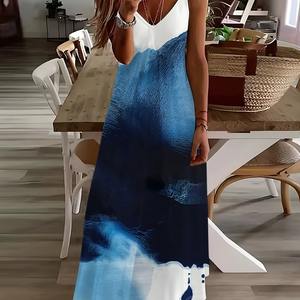 Été Denim Solid Front Logo Respirant Beach Vacation Casual Robe à bretelles Fashion Sleeveless Loose Knee-Length - Product Image 1