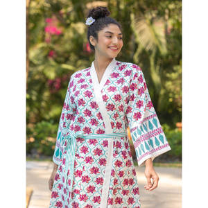 Albornoz de Lujo de Algodón Estampado a Bloques para la Familia, con Cordón y Diseño Floral, Ropa de Casa - Product Image 2