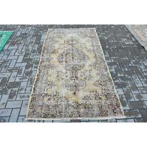 Turkish Rug, 3.7x6.8 ft Area Rug, <b>Brown</b> White <b>Wool</b> Rug - Product Image 1