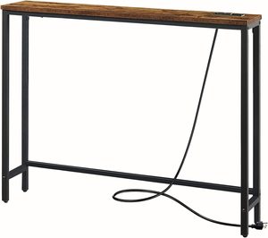 <strong>Skinny</strong> Sofa Hallway <strong>Table</strong> Industrial Metal Vintage Brown Wood Narrow Rustic Entryway <strong>Console</strong> <strong>Table</strong> with Charging Station - Product Image 1