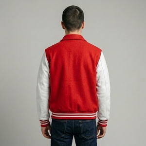 Premium <b>Red</b> White Letterman Jacket Woolen Body Leather Sleeves Rib Knit Collar Cuffs Snap Front Custom Logo Streetwear Outerwear - Product Image 2