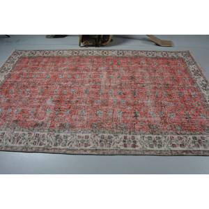 Alfombra Turca Vintage Ecológica de Pelo Medio para Áreas Grandes, Color Rojo Beige Clásico, 5.5 x 8.9 pies, Base de Látex y Lana, Diseño Patchwork Tabriz - Product Image 3