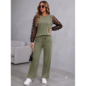 Conjunto de Dos Piezas de Blusa y Pantalón de Viscosa con Mangas Largas y Cuello Ciclista para Mujer, 38625 - Haki - Product Image 1