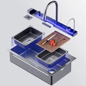 Led hiển thị kỹ thuật số đôi thác nước bay mưa Pull-out vòi 304 thép không gỉ màu đen nano thông minh bồn rửa nhà bếp với cup máy giặt