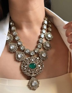Ensemble de collier Polki de créateur de luxe victorien avec boucles d'oreilles bijoux de mariée en laiton polonais pour la célébration de mariage et de fête - Product Image 3