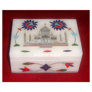 Boîtes à bijoux de haute qualité, faites à la main, en marbre blanc pur, de forme rectangulaire, avec incrustations de style Taj Mahal, pour la décoration de la maison et les cadeaux - Product Image 1