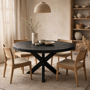 Table à manger en bois de manguier massif, faite à la main |   Meubles de salle à manger industriels modernes |   Table en bois noir avec base en métal en forme de croix - Product Image 2