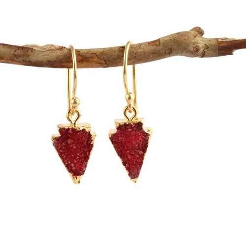 Most Recommended Fashion Jewelry Arrowhead Shape Natural Red Sugar Druzy Drop Dangle Earrings Gold Plated Ear Wire Hook Earrings