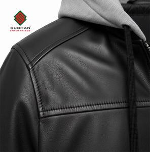 Chaqueta Bomber de Cuero de Oveja Negra Hecha a Mano |   Sudadera con Capucha de Punto Gris |   Estilo Clásico para Hombre |   Regalo para Él - Product Image 5