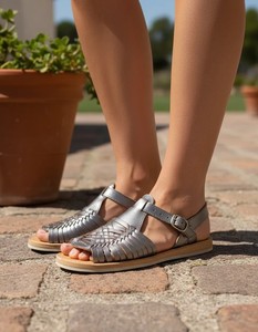 Sandalias Planas de Cuero Genuino Tejido Metálico con Punta Abierta y Correa en el Tobillo, Calzado Casual Transpirable para Todas las Ocasiones - Product Image 4