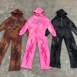 Full Zip up Side Pocket Oversize Sun Faded Vintage Distressed Graphic Print Sweatsuit Full Zip up <b>Hoodie</b> Baggy Tracksuit Women - Product Image 2