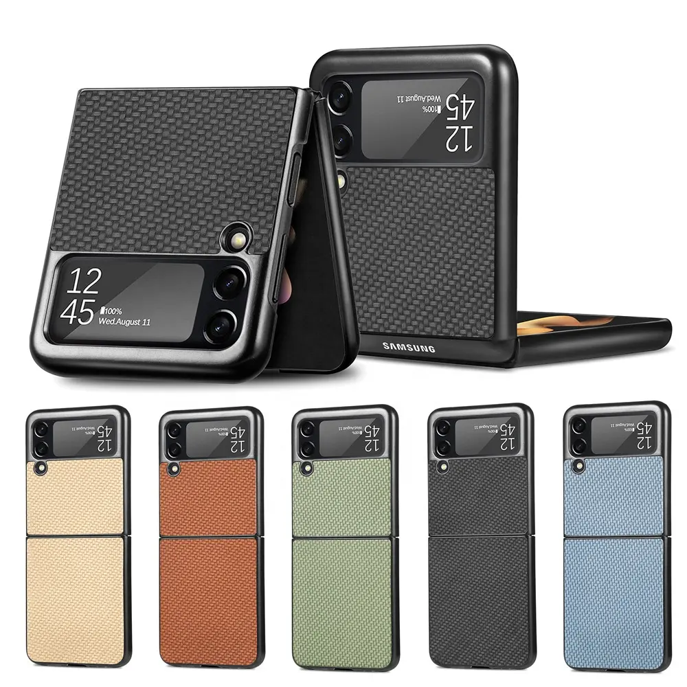 For Samsung galaxy Z Flip 4 Carbon Fiber Shockproof fold Flip PU Leather Hard PC Mobile Phone Case