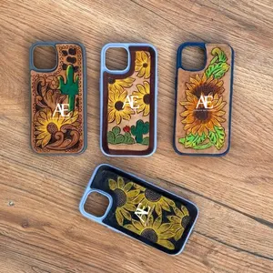 Casing ponsel kulit Tooled bergaya buatan tangan baru unik Vintage mewah kualitas tinggi casing motif bunga untuk IPhone 13/14/15