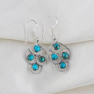 Cuivre Turquoise pierres précieuses boucles d'oreilles 925 solide en argent Sterling forme ronde boucles d'oreilles pour femmes filles balancent boucles d'oreilles bijoux - Product Image 4