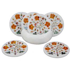 Handmade Indian Marble Coasters Carnelian Inlay Cocktail Coasters 4.5 Inch Beer <b>Wine</b> <b>Glass</b> <b>Holders</b> Gift For Her - Product Image 2