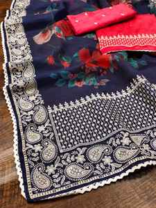 Ropa especial de boda y fiesta, Saree de Organza suave con estampado Khadi, con Secuencia de bordado, hilo de trabajo con blusa de seda bordada - Product Image 3