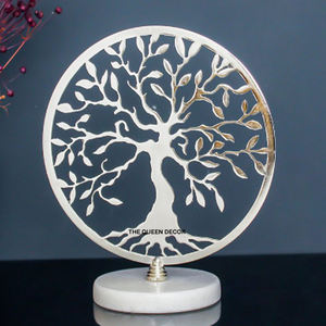 Sculpture décorative de designer en aluminium et métal avec base en marbre, finition brillante, géométrie, arbre et feuilles, best-seller - Product Image 1