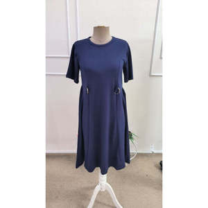 Vestido corto modal de manga corta con cuello redondo y detalle de hebilla lateral para mujer, 37687 - Azul marino - Product Image 6