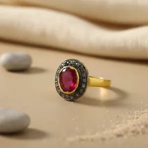 Handmade Women's Boho Statement <b>Ring</b> Ruby and Diamond Cocktail with VS Clarity Platinum and Rhodium Plated Gold <b>Dainty</b> Style - Product Image 3