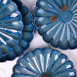 Modern Teal Blue Flower-Shaped <b>Ceramic</b> <b>Plates</b> Set 4 10.5 Inch Wedding <b>Plate</b> for Parties Events Customizable for Hotels Kitchens - Product Image 2