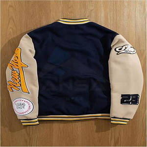 Chaqueta de bombardero de hombre albaricoque y azul oscuro Cierre de botón de tela transpirable Diseño elegante y duradero Chaquetas de bombardero al por mayor - Product Image 2