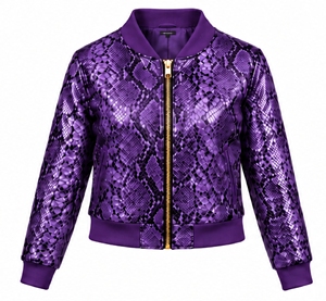Chaqueta bomber de piel sintética morada para mujer, con estampado de serpiente, cierre de cremallera, estilo motociclista, manga larga - Product Image 6