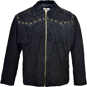 High Top Quality Fringed & Beaded Original Cow Suede Leather <b>Western</b> Style Men Full Black Cowboy Leather <b>Jacket</b> - Product Image 3