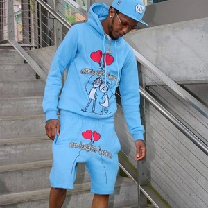 Custom Embroidery Pullover Hooded Sweatshirt & Shorts <b>Men's</b> Casual Print Streetwear 2-Piece Summer Tracksuit for Street Style - Product Image 5