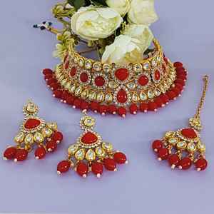 Indian Gold Plated <b>Crystal</b> Kundan Stone Chocker Bridal WeddingNecklace <b>Earrings</b> with Maang Tikka Jewelry Set for Women - Product Image 2