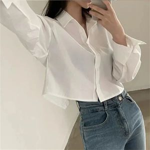 Sporty Korea Style <b>Women's</b> <b>White</b> Crop <b>Tops</b> Blouse <b>Long</b> <b>Sleeve</b> Solid Button Split High Waist Colored Wash Casual Party Clothing - Product Image 6
