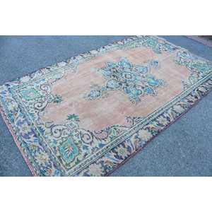 Alfombra Turca de 5.5x9.1 pies, Alfombra Vintage Grande, Alfombra de Lana Sólida Azul y Rosa - Product Image 2