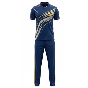 ชุดเสื้อและกางเกงคริกเก็ตแบบซับลิเมชั่นสำหรับผู้ชาย พิมพ์โลโก้ตามสั่ง สีน้ำเงินกรมท่า พร้อมลายกราฟิกคมชัดสีทองและสีเงิน - Product Image 1