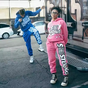 Chándales de gran tamaño con estampado de algodón personalizado, chándal Unisex, conjuntos de pantalones de jogging apilados, conjunto de pantalones de chándal y sudaderas con capucha - Product Image 3