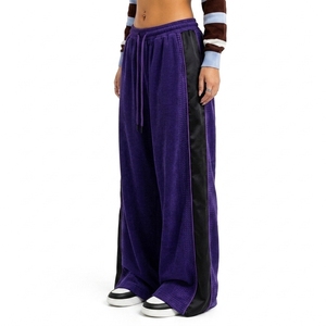Pantalon large en velours côtelé 100 % coton léger personnalisé pour femme, coupe décontractée, taille à cordon, empiècements latéraux contrastants, style streetwear - Product Image 3