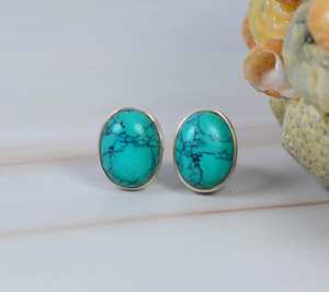 Boucles d'oreilles clous en turquoise cuivre bleu naturel de coupe ovale, design époustouflant, bijoux fins faits à la main, argent massif 925, pour mariage et fête - Product Image 5