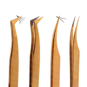 Juego de 4 Pinzas para Extensión de Pestañas y Volumen, Color Dorado, Hechas a Mano, para Recoger Pestañas con Empaque Personalizado - Product Image 1
