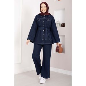 Costume décontracté bleu foncé avec ceinture, veste et pantalon style denim - Product Image 1